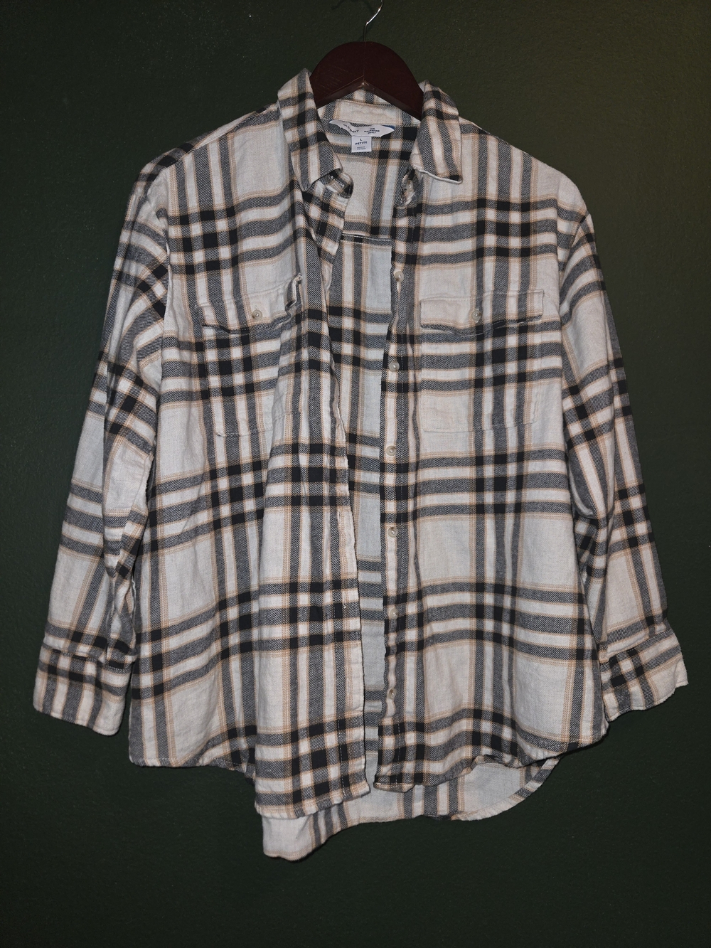 Old Navy Cream, Black and Tan Plaid Button-Down Shirt